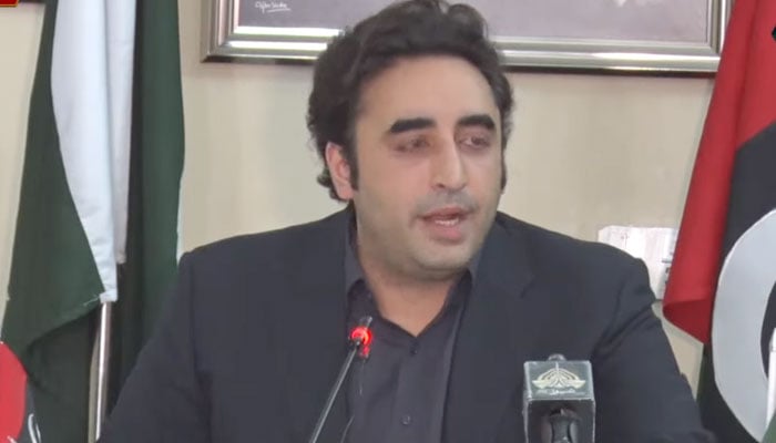 Pakistan Peoples Party (PPP) Chairman Bilawal Bhutto-Zardari addresses a press conference in this still taken from YouTube. — PTV News live