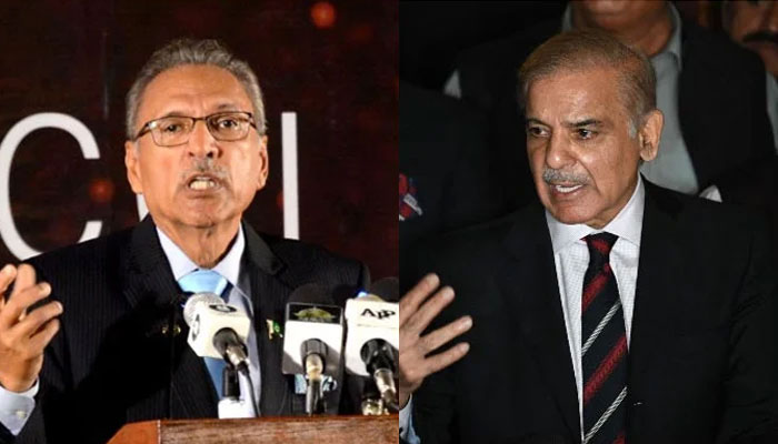 وزیر اعظم شہباز شریف 7 اپریل 2022 کو اسلام آباد میں خطاب کر رہے ہیں (دائیں) اور صدر ڈاکٹر عارف علوی 26 مارچ 2022 کو کراچی میں ایک تقریب سے خطاب کر رہے ہیں۔ — AFP/APP