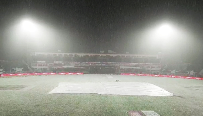 Heavy downpour at the Pindi Cricket Stadium, on April 20, 2023, in this still taken from a video. — Geo.tv via Faizan Lakhani