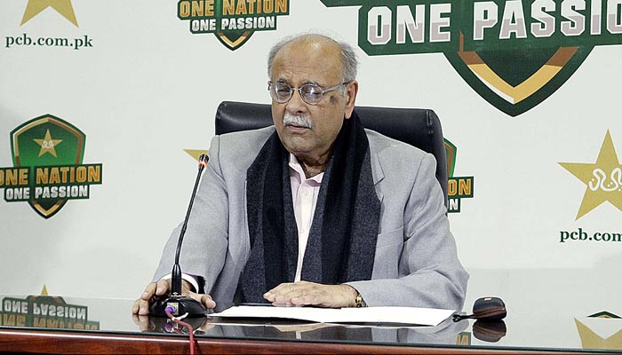 PCB Management Committee Chairman Najam Sethi addressing a media conference at Gaddafi Stadium, Lahore on January 23, 2023. — APP