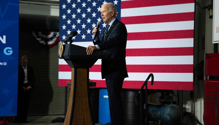 President Joe Biden delivers remarks on the economy at an International Union of Operating Engineers Local 77 union training facility on April 19, 2023, in Accokeek, Maryland. — AFP