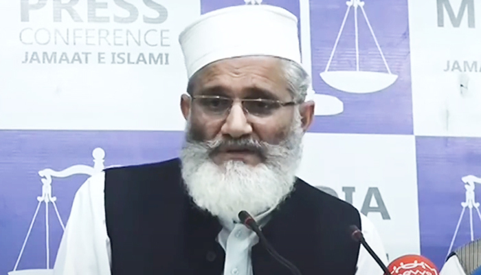 Jamaat-e-Islami Emir Siraj Ul Haq addresses a press conference in Lahore on April 21, 2023. — YouTube Screengrab