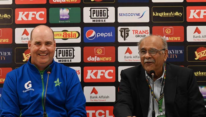 Mickey Arthur (Left) and Najam Sethi at the press conference at the Pindi Stadium in Rawalpindi on April 20. 2023. — AFP