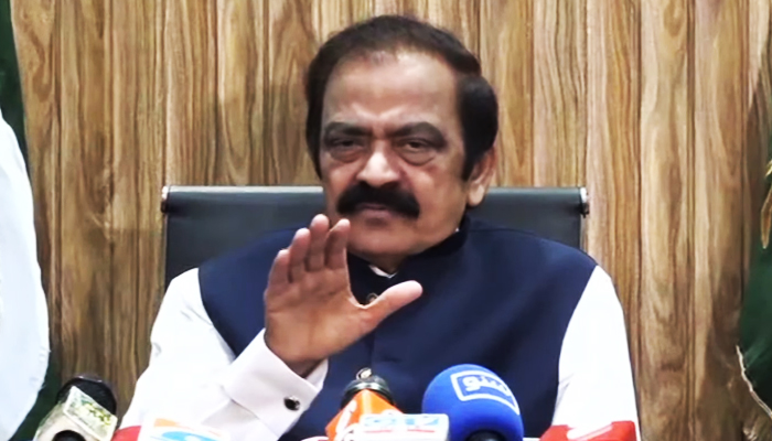 Interior Minister Rana Sanaullah addresses a press conference in Faisalabad, on April 22, 2023, in this still taken from a video. — YouTube/GeoNews