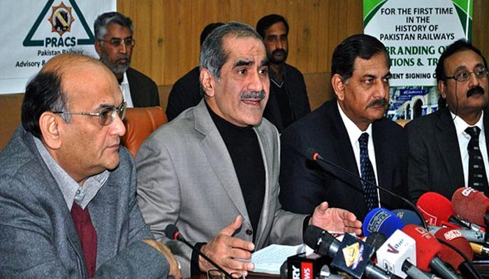 An undated image of Federal Minister for Railways and Aviation Khawaja Saad Rafique speaking to media persons. — APP/File