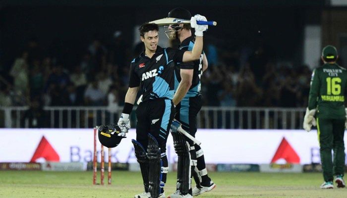 New Zealand batter Mark Chapman celebrating after scoring a hundred against Pakistan. -TwitterBlackcaps