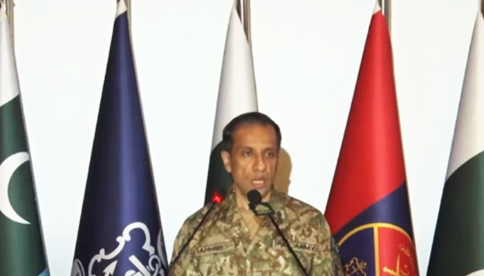 Director General of Inter-Services Public Relations (ISPR) addresses a press conference in Rawalpindi on April 25, 2023, in this still taken from a video. — YouTube/GeoNews