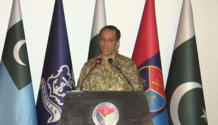 Inter-Services Public Relations Director General Maj-Gen Ahmed Sharif Chaudhry addresses the press conference in Rawalpindi on April 25, 2023, in this still taken from a video. — Twitter/Mkashif976