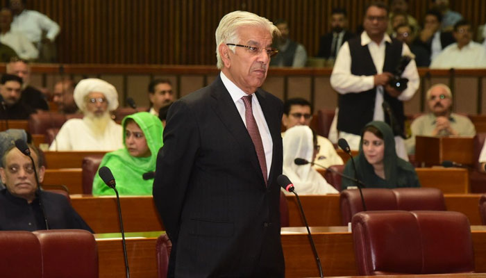 Defence Minister Khawaja Asif addressing the National Assembly. — National Assembly