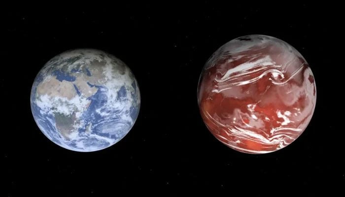 On the left is Earth and on the right is NASAs hypothetical visualisation of Kepler-138 d.— Screengrab via NASA Exoplanet Catalog/file