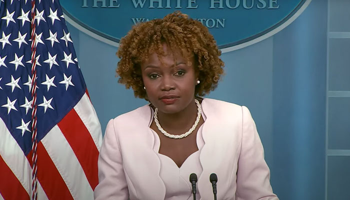 Press Secretary Karine Jean-Pierre addressing a press briefing on April 28, 2023. Screengrab of a YouTube video.