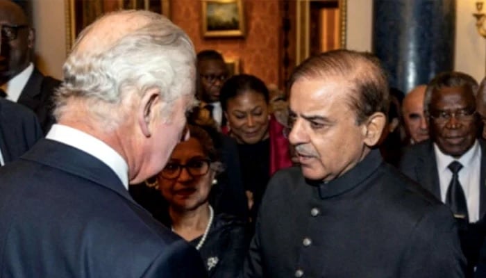 Prime Minister Shehbaz Sharif meets King Charles III during the reception hosted by the king for the visiting dignitaries. — Radio Pakistan/File