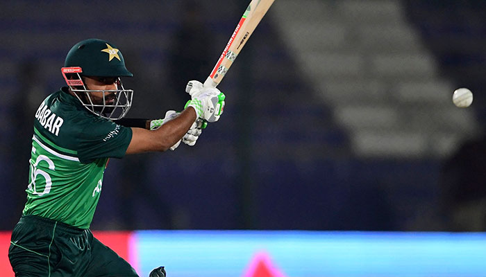 Pakistan skipper Babar Azam plays a shot during the first ODI cricket match between Pakistan and New Zealand at the Rawalpindi Cricket Stadium in Rawalpindi, on April 27, 2023. — AFP