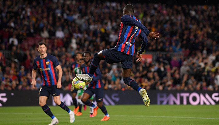 Barcelonas French forward Ousmane Dembele controls the ball during the Spanish league football match between FC Barcelona and Real Betis at the Camp Nou stadium in Barcelona on April 29, 2023. AFP