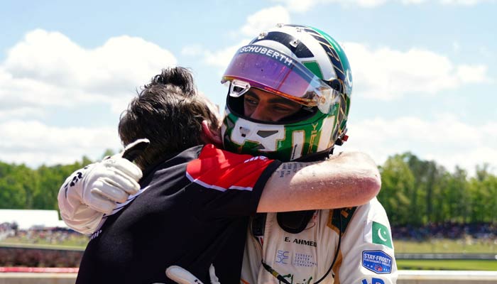 Enaam Ahmed Celebrates afterbecoming the first Pakistani to finish Top 5 in a Grand Prix. — Photo by author