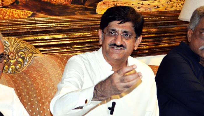 Sindh CM Syed Murad Ali Shah talking at a press conference at Magsi House in Hyderabad on April 28, 2023. — INP