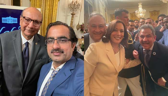 Gold Star Father Khizr Khan with American-Pakistani Public Affairs Committee Chairman Dr. Ijaz Ahmed (left) and Pakistani-American Democrat Dr. Asif Mahmood with US Vice President Kamala Harris.  - Photos by the author