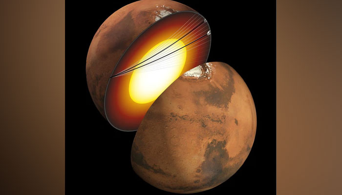 An undated artist’s depiction of the Martian interior and the paths taken by seismic waves as they travelled through the planet’s core. — Reuters/File