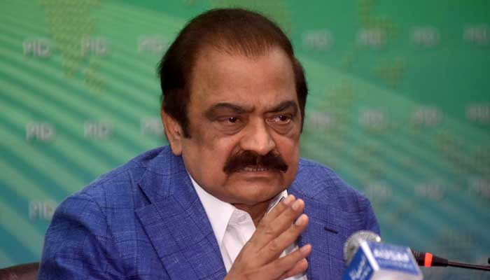 Interior Minister Rana Sanaullah addresses a press conference at Pakistan Information Department in Islamabad on October 17, 2022. — APP/File