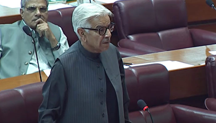 Defence Minister Khawaja Asif speaks on the floor of the National Assembly in Islamabad, on May 2, 2023, in this screengrab taken from a video. — YouTube/PTVNewsLive