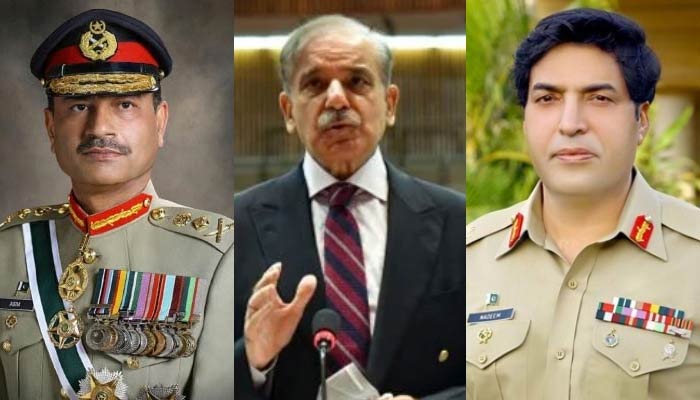 (From left) Chief of Staff General Asim Munir, Prime Minister Shehbaz Sharif and ISI Director General Lieutenant General Nadeem Anjum.  —ISPR/APP/File