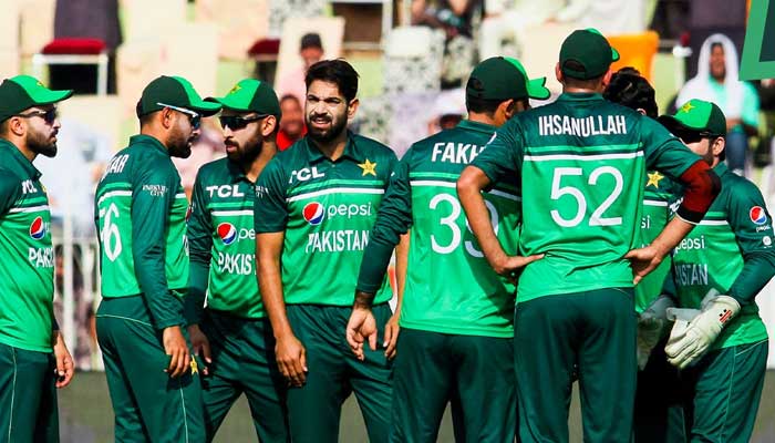 Pakistan pacer Haris Rauf stands with teammates after completion of over during match in Rawalpindi on April 29, 2023. — Twitter/@TheRealPCB