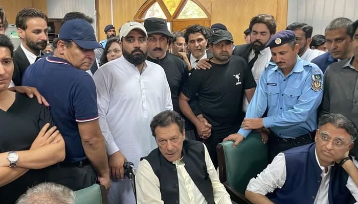 PTI Chairman Imran Khan appears before Islamabad High Court along with other senior leaders to seek an extension in interim bail on May 4, 2023. — Twitter/PTIofficial