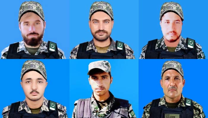 Martyred soldiers (L to R) Sepoy Nazir Khan, Naik Javed lqbal and Sepoy Bismillah Jan, Sepoy Hazrat Bilal, Sepoy Syed Rajab Hussain and Havaldar Saleem Khan.  — ISPR