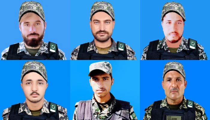 Martyred soldiers (L to R) Sepoy Nazir Khan, Naik Javed lqbal and Sepoy Bismillah Jan, Sepoy Hazrat Bilal, Sepoy Syed Rajab Hussain and Havaldar Saleem Khan. — ISPR