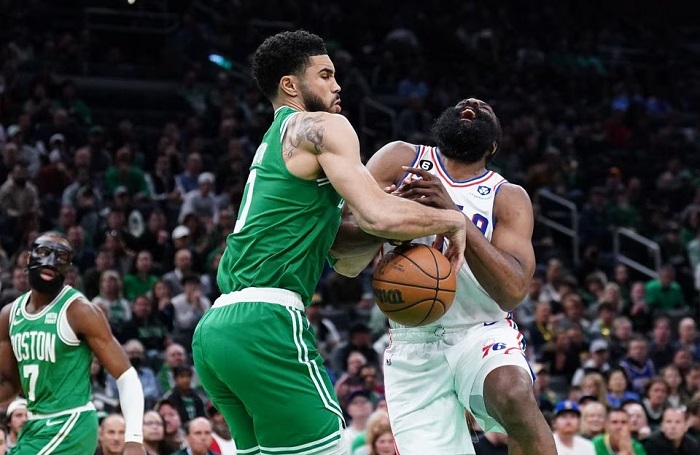 Boston Celtics forward Jayson Tatum (0) takes the ball from Philadelphia 76ers guard James Harden (1) in the first quarter during game two of the 2023 NBA playoffs at TD Garden. —Reuters