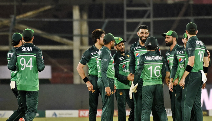 Pakistan team celebrates during fourth ODI against New Zealand in Karachi, on May 5, 2023. — Twitter/TheRealPCB