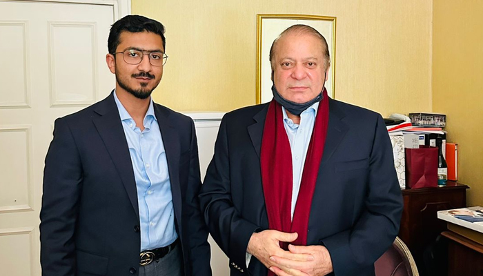Barrister Chaudhry Taimoor Nawaz (left) meets former prime minister Nawaz Sharif. — Author