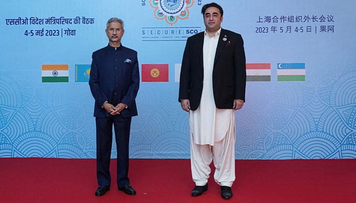 Foreign Minister Bilawal Bhutto-Zardari poses for a photo with his Indian counterpart Subrahmanyam Jaishankar at the meeting of the SCO Council of Foreign Ministers in Goa, India on May 5, 2023. — Indian Ministry of External Affairs/Handout through Reuters