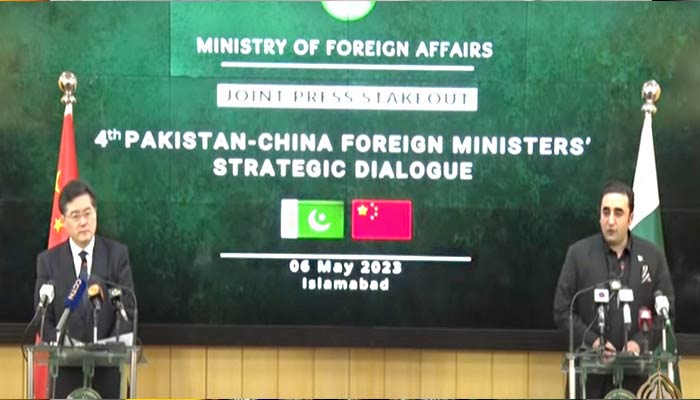 Chinese foreign Minister Qin Gang (left) and Bilawal Bhutto at the fourth round of Pakistan-China Strategic Dialogue in Islamabad on May 6, 2023. — Radio Pakistan
