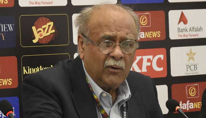 Chairman Management Committee PCB Najam Sethi addresses a presser at the Pindi cricket Stadium in Rawalpindi on April 21, 2023. — Online