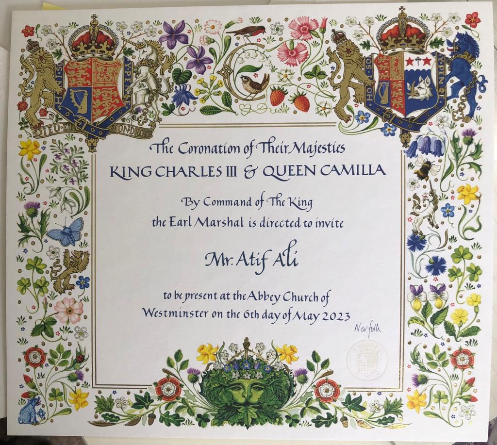 The picture of the invite received by British-Pakistani youth Atif Ali for the Kings Coronation ceremony. —Photo by author
