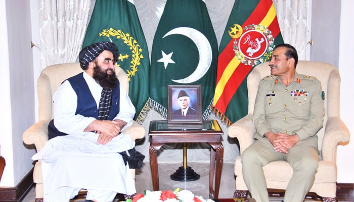 Acting Afghan Minister for Foreign Affairs Amir Khan Muttaqi meets Chief of Army Staff General Syed Asim Munir at the latters office in Rawalpindi on May 6, 2023. — ISPR