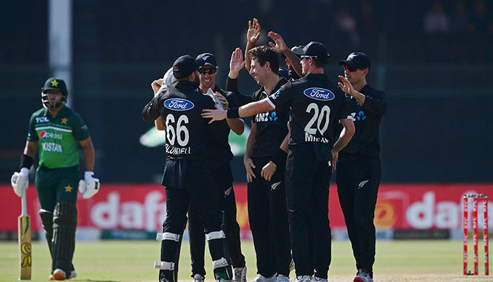 New Zealands players celebrate after the dismissal of Pakistans Fakhar Zaman (not pictured) during the third one-day international (ODI) cricket match between Pakistan and New Zealand at the National Stadium in Karachi on May 3, 2023. — AFP/File