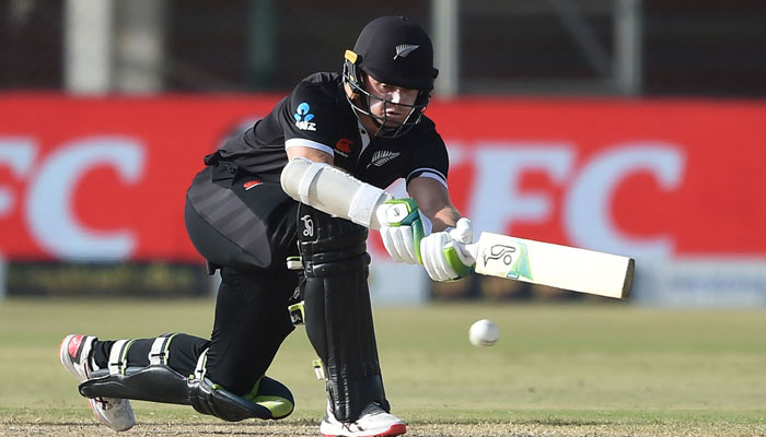New Zealand’s Tom Latham plays a shot during the fifth and final One-Day International (ODI) cricket match between Pakistan and New Zealand at the National Stadium in Karachi on May 7, 2023. — AFP