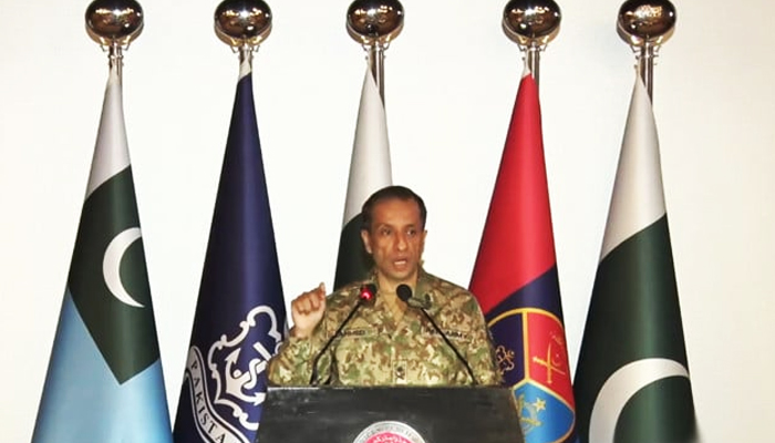 Inter-Services Public Relations (ISPR) Director-General Major General Ahmed Sharif Chaudhryaddressing a press conference on April 25, 2023, in this still taken from a video. — YouTube/PTVNewsLive