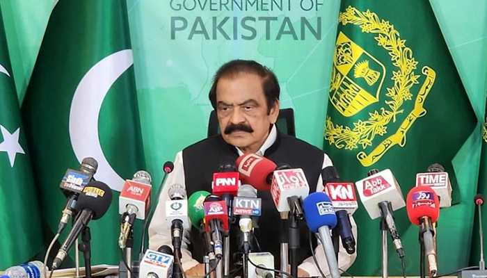 Interior Minister Rana Sanaullah addressing the press conference in Islamabad on May 9, 2023. — Radio Pakistan