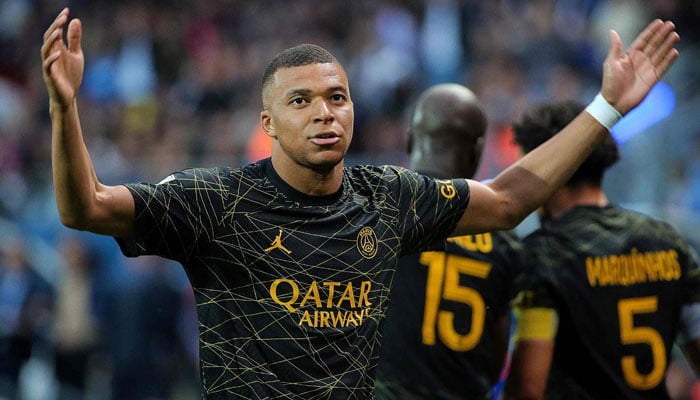 Paris Saint-Germains French forward Kylian Mbappe reacts during the French L1 football match between ES Troyes AC and Paris Saint-Germain (PSG) at Stade de lAube in Troyes, north-eastern France on May 7, 2023. — AFP