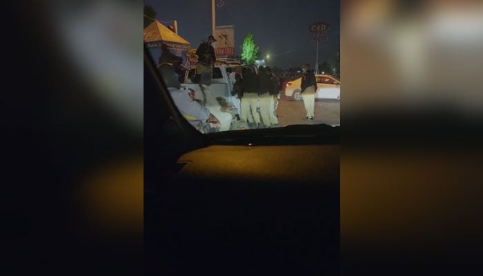 Police arrest Sindh President Ali Zaidi in Karachi on May 9, 2023, in this still taken from a video.— Geo News