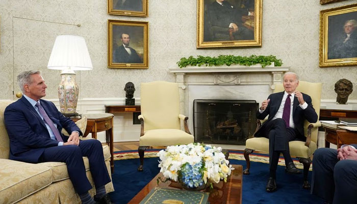 US President Joe Biden hosts debt limit talks with House Speaker Kevin McCarthy (R-CA) in the Oval Office at the White House in Washington, May 9, 2023. —Reuters