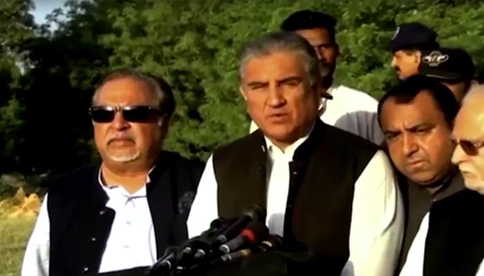 A screengrab of Shah Mehmood Qureshi during a media conference following Imran Khans arrest on May 9, 2023. — Reuters