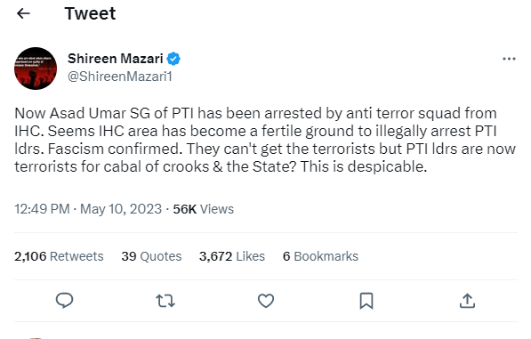 PTI leader Shiren MAzaris reaction on Asad Umars arrest. — Screengrab/Twitter