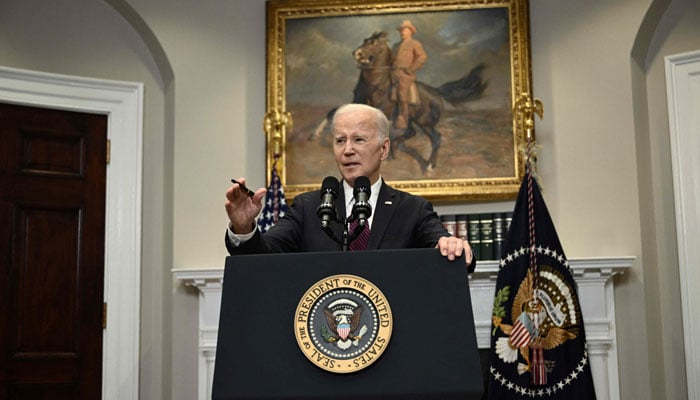 US President Joe Biden speaks to the press after meeting with US Speaker of the House Kevin McCarthy, Washington, DC, on May 9, 2023. — AFP