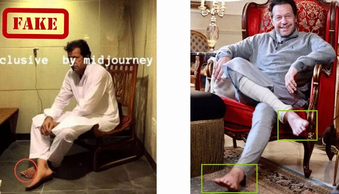 The picture taken by an Indian media outlet shows the real image of PTI Chairman and former Premier Imran Khan (right) and the fake image generated through AI. — Aaj Tak Bangla/File