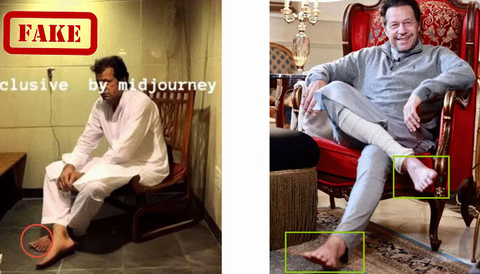 The picture taken by an Indian media outlet shows the real image of PTI Chairman and former Premier Imran Khan (right) and the fake image generated through AI. —Aaj Tak Bangla/File