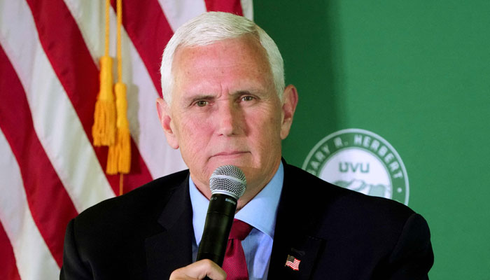 Former US Vice President Mike Pence answers questions on April 28, 2023, at the Zion Bank headquarters in Salt Lake City, Utah. — AFP